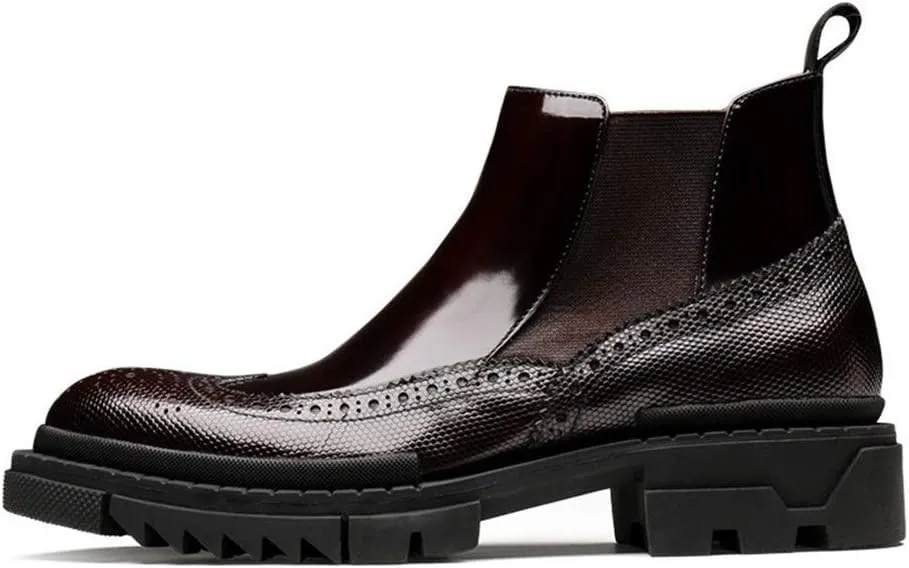 High Heel Brogue Boot for Men Chelsea BootGenuine Leather Pull On Wingtip Carving Round Toe Patent Leather