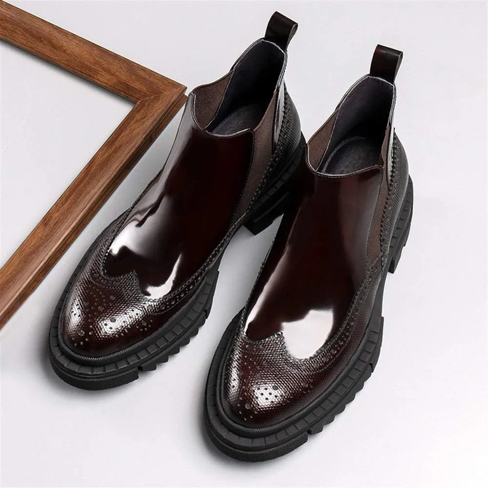 High Heel Brogue Boot for Men Chelsea BootGenuine Leather Pull On Wingtip Carving Round Toe Patent Leather