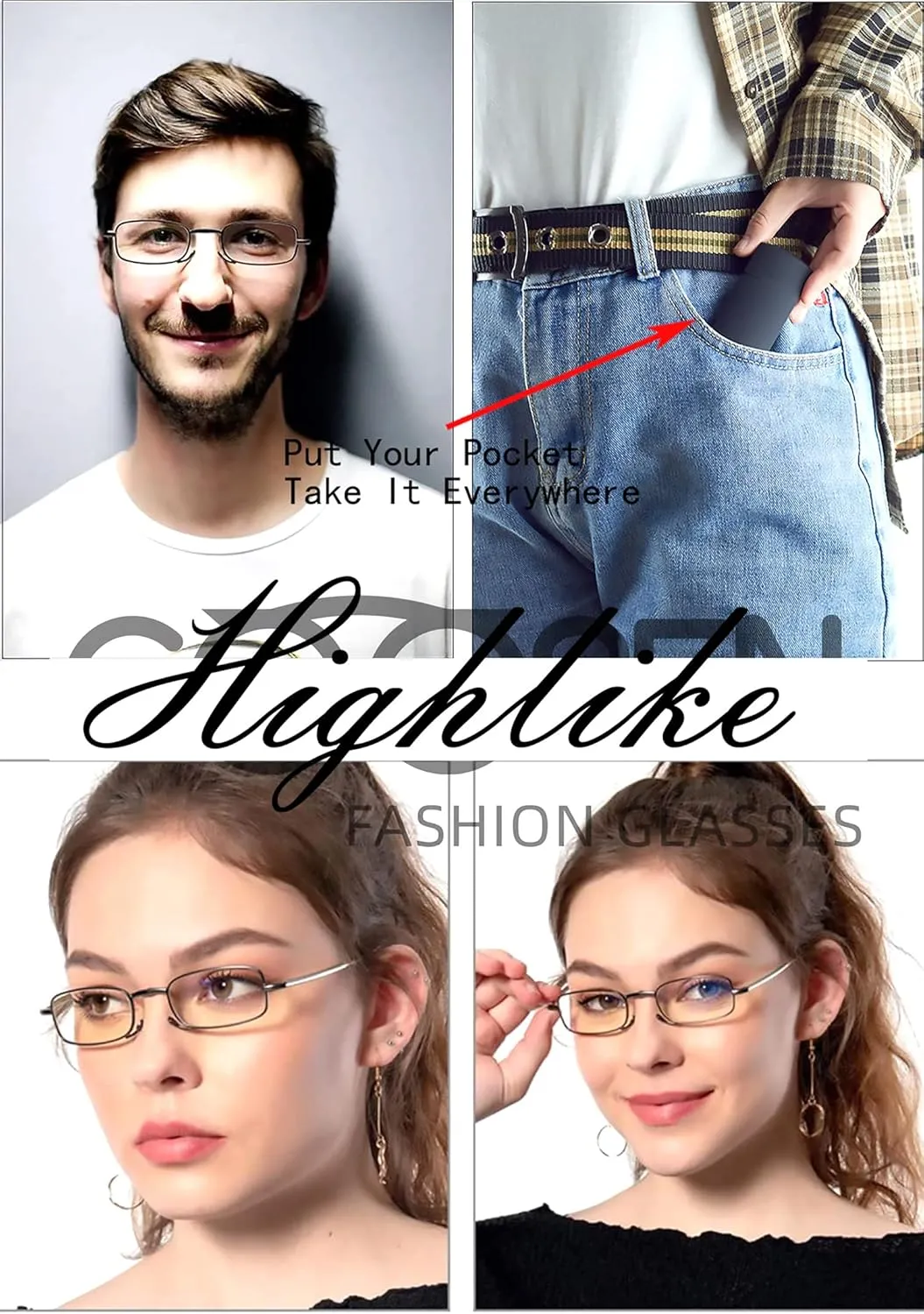 HIGHLIKE Hard Cases Folding Reading Glasses, Pocket Wallet Purse Compact Spring Hinge Readers, Transparent Clear Lens