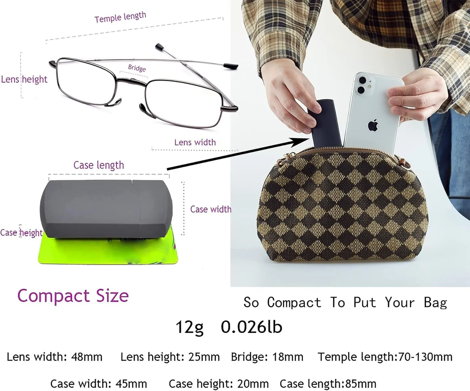 HIGHLIKE Hard Cases Folding Reading Glasses, Pocket Wallet Purse Compact Spring Hinge Readers, Transparent Clear Lens