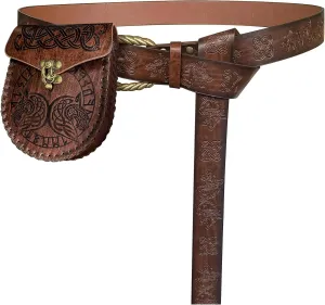 HiiFeuer Medieval Embossed O Ring Belt with Nordic Embossed Belt Bag, Vintage Faux Leather Belt and Belt Pouch Set for LARP