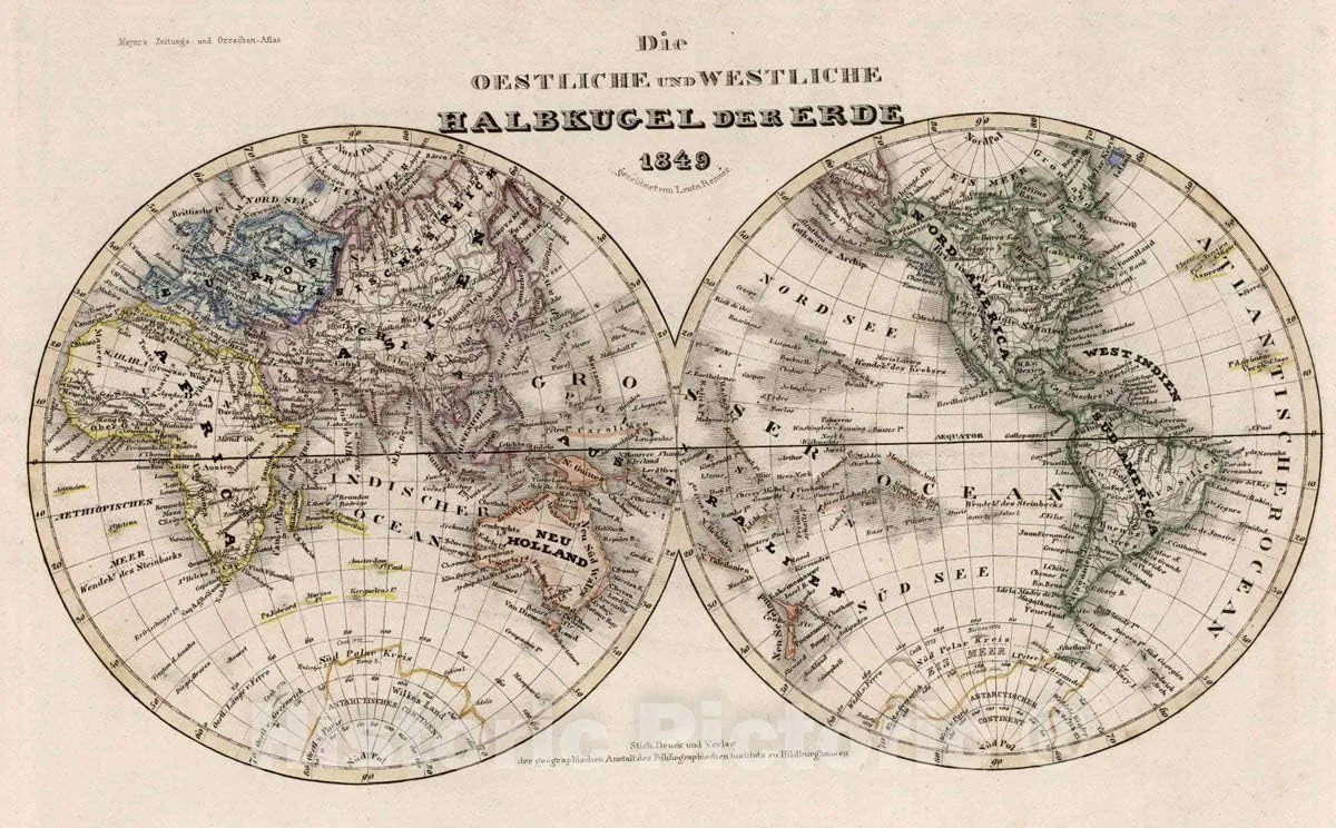 Historic Map : 1849 Die Oestliche und Westliche Halbkugel der Erde - Vintage Wall Art - 36in x 24in