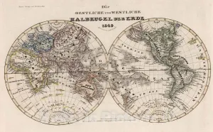Historic Map : 1849 Die Oestliche und Westliche Halbkugel der Erde - Vintage Wall Art - 36in x 24in