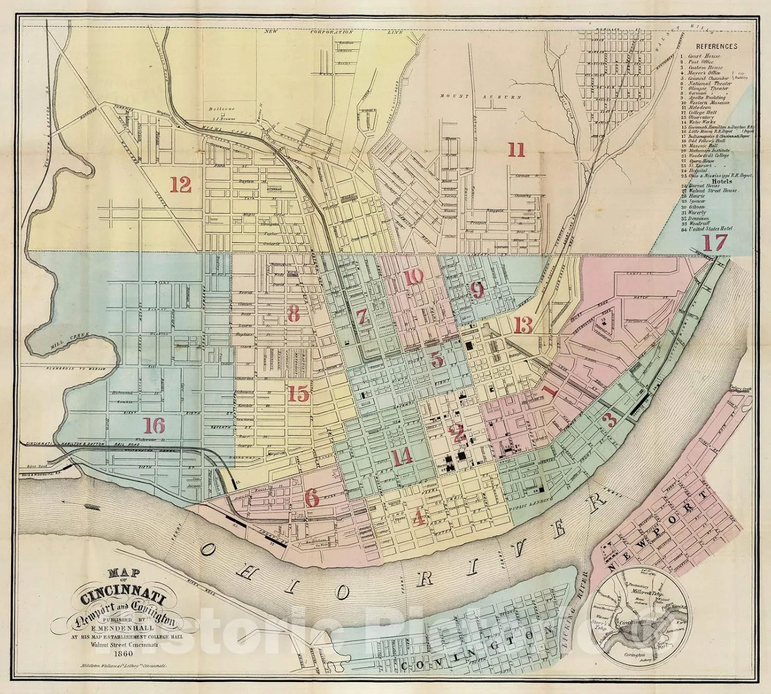 Historic Map : 1860 Cincinnati, Newport and Covington - Vintage Wall Art - 24in x 22in