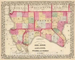 Historic Map : 1870 Union, Johnson, Alexander, Pulaski, Massac Counties. - Vintage Wall Art - 30in x 24in