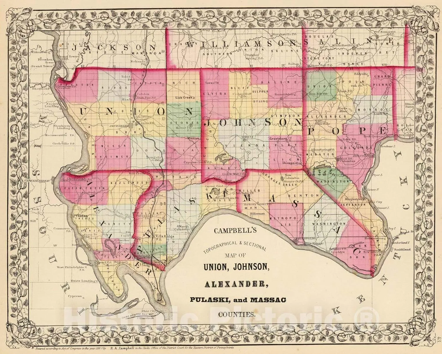 Historic Map : 1870 Union, Johnson, Alexander, Pulaski, Massac Counties. - Vintage Wall Art - 30in x 24in