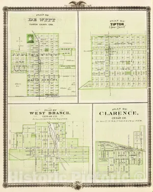 Historic Map : 1875 Plans of Dewitt, Tipton, West Branch and Clarence, State of Iowa. - Vintage Wall Art - 18in x 24in