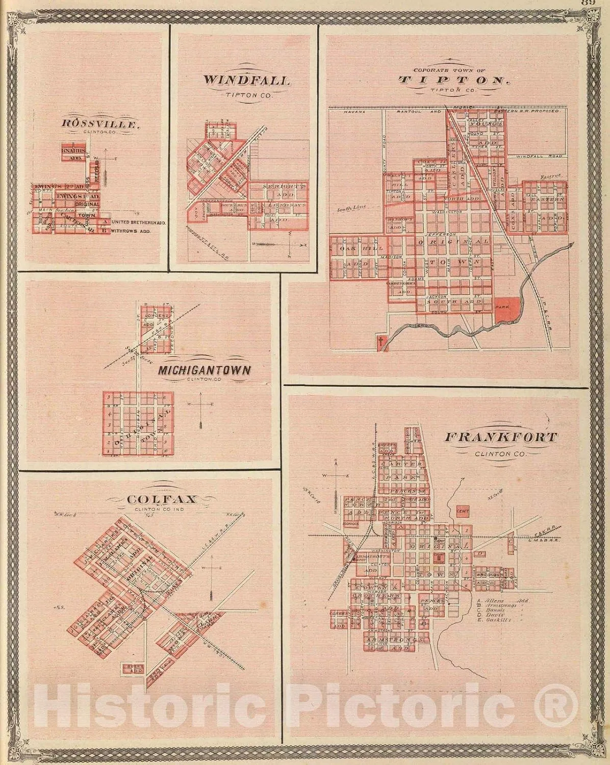 Historic Map : 1876 Frankfort, Clinton Co. (with) Tipton, Rossville, Windfall, Michigantown, Colfax. - Vintage Wall Art - 24in x 30in