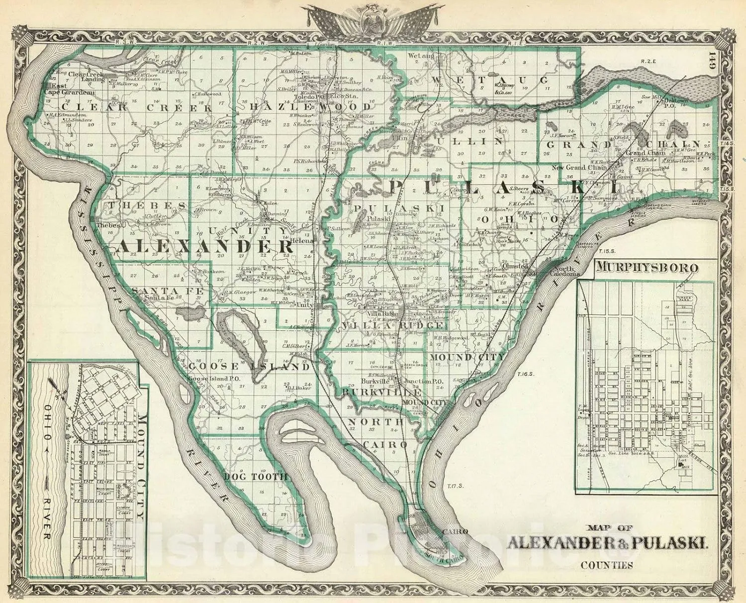 Historic Map : 1876 Map of Alexander & Pulaski Counties, Murphysboro and Mound City. - Vintage Wall Art - 30in x 24in