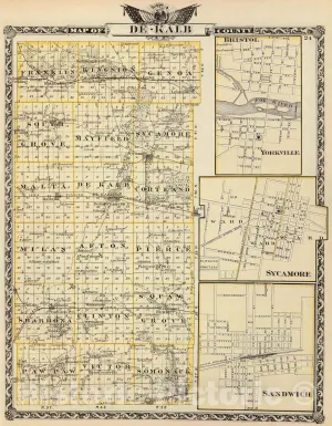 Historic Map : 1876 Map of De-Kalb County, Yorkville, Sycamore and Sandwich. - Vintage Wall Art - 44in x 57in