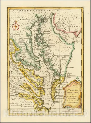 Historic Map : A New and Accurate Virginia & Maryland Laid Down from Surveys and Regulated by Astron'l Observatns., 1747 v2, Vintage Wall Art : 26in x 36in