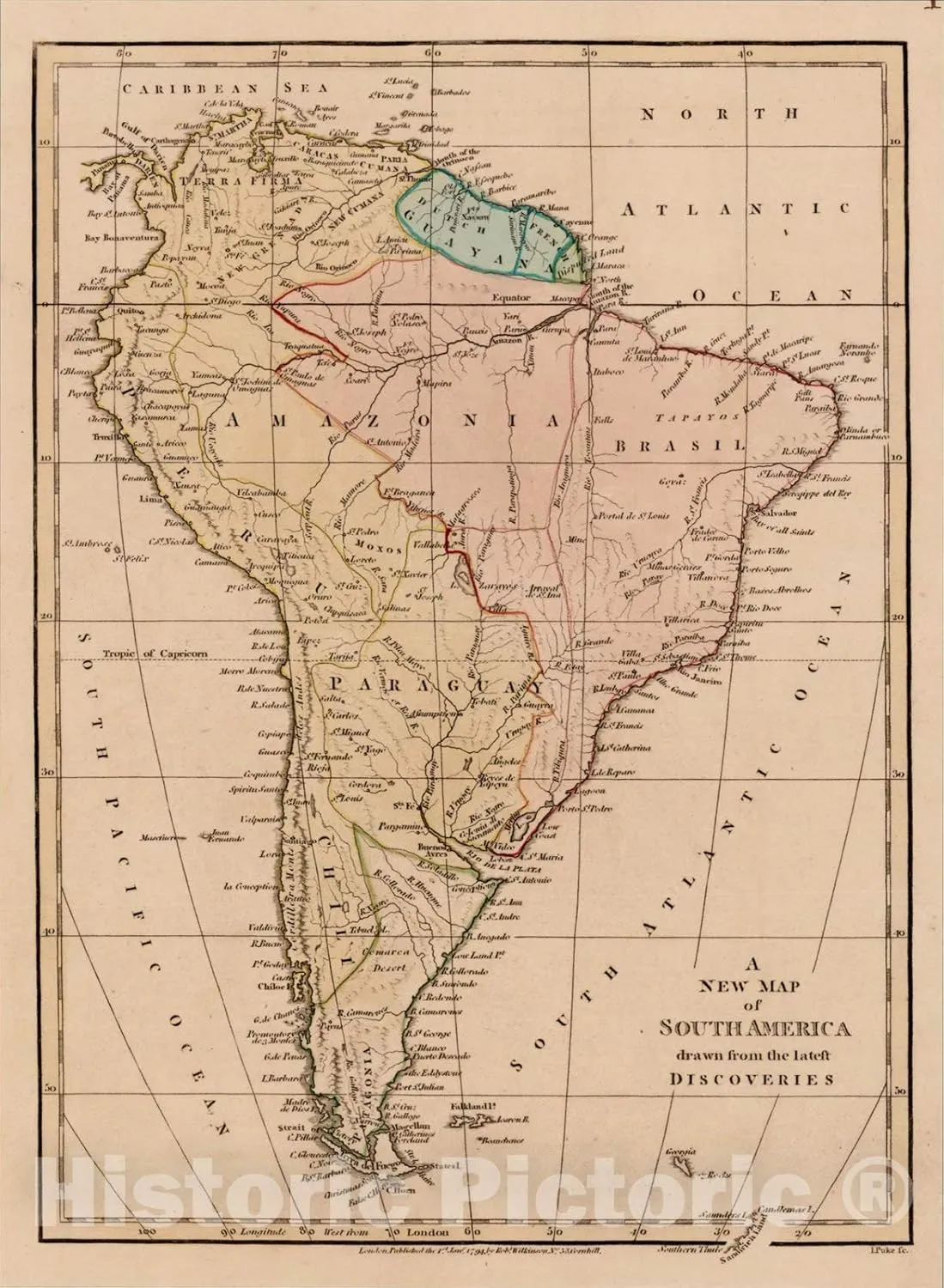 Historic Map : A New Map of South America Drawn from The Latest Discoveries, 1794, Robert Wilkinson, Vintage Wall Art : 44in x 60in