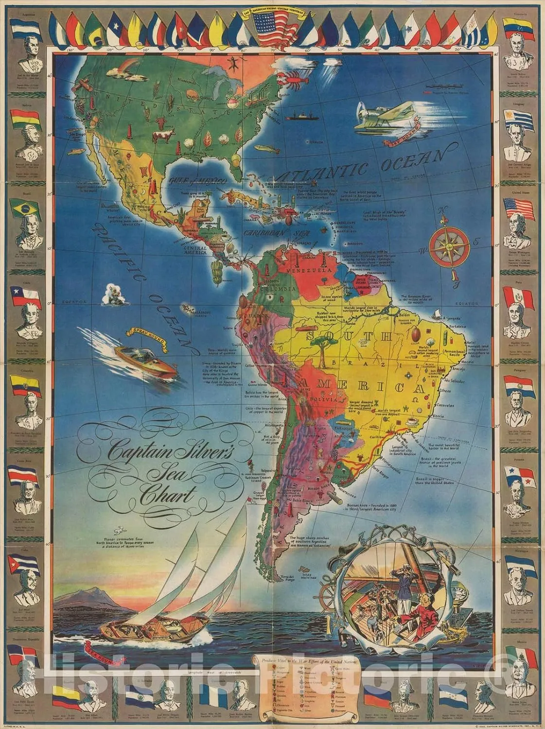 Historic Map : Captain Silver's Sea Chart, 1942, Neff, Vintage Wall Art : 44in x 59in