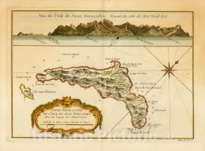 Historic Map : Carte Particuliere De L'Isle De Juan Fernandes, [with View of Island] (Robinson Crusoe's Island), 1759, Jacques Nicolas Bellin, Vintage Wall Art : 24in x 18in