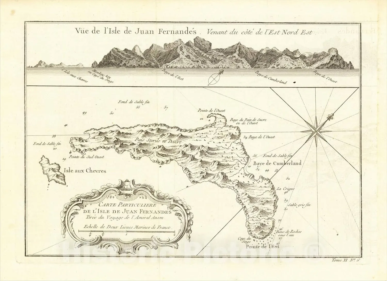 Historic Map : Carte Particuliere De L'Isle De Juan Fernandes, [with View of Island] (Robinson Crusoe's Island), 1759, Jacques Nicolas Bellin, Vintage Wall Art : 30in x 24in