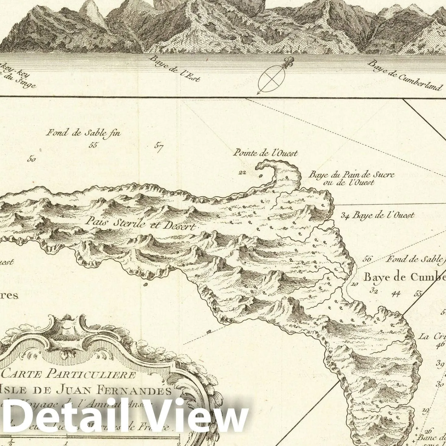 Historic Map : Carte Particuliere De L'Isle De Juan Fernandes, [with View of Island] (Robinson Crusoe's Island), 1759, Jacques Nicolas Bellin, Vintage Wall Art : 30in x 24in