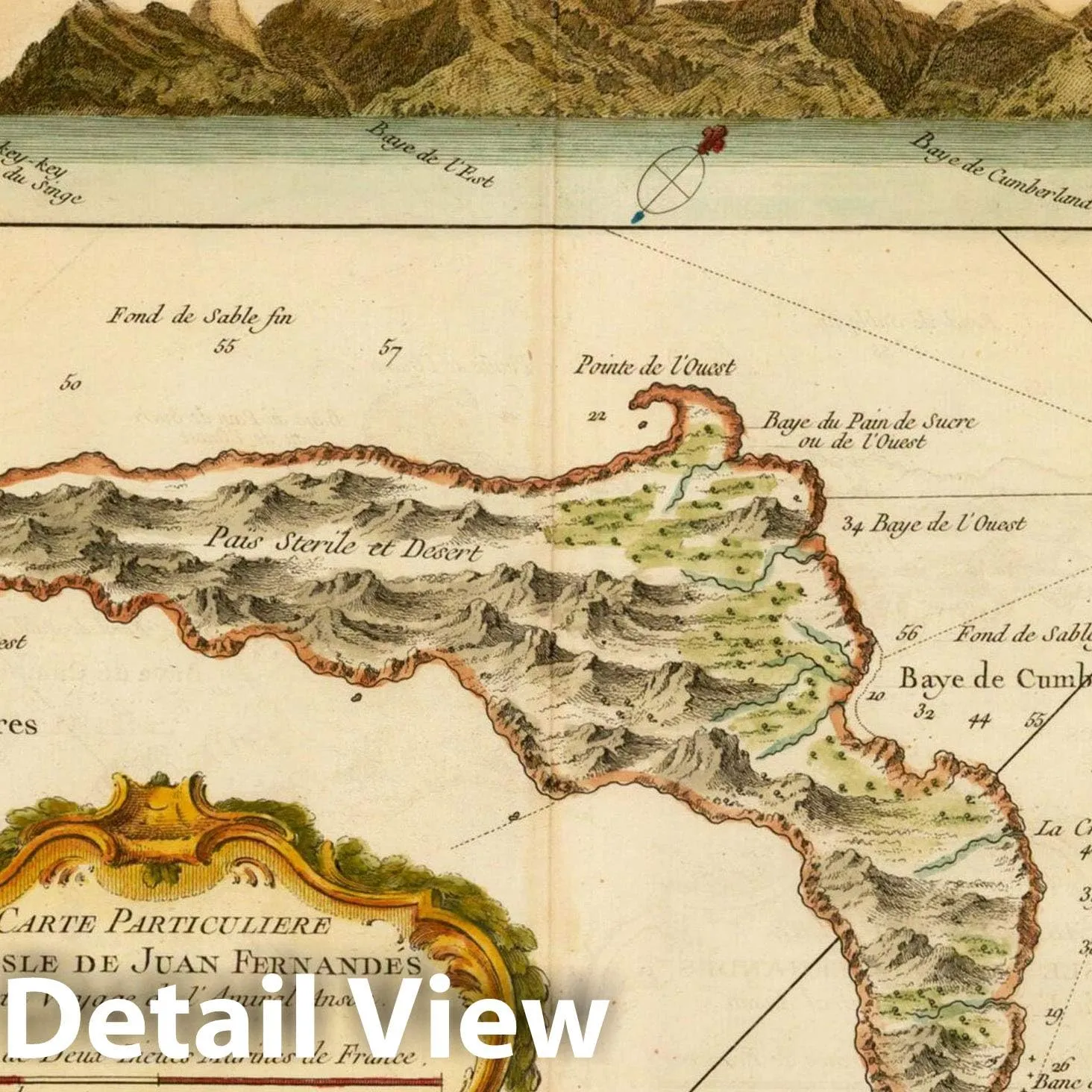 Historic Map : Carte Particuliere De L'Isle De Juan Fernandes, [with View of Island] (Robinson Crusoe's Island), 1759, Jacques Nicolas Bellin, Vintage Wall Art : 36in x 27in