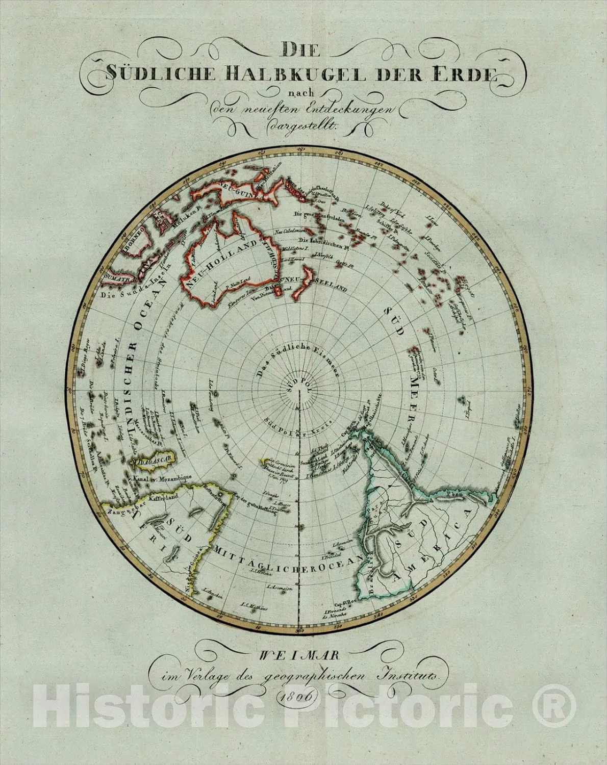 Historic Map : Die Sudliche Halbkugel Der Erde nach den neuesten Entdeckungen Dargestellt, 186, 1806, Weimar Geographische Institut, Vintage Wall Art : 18in x 24in