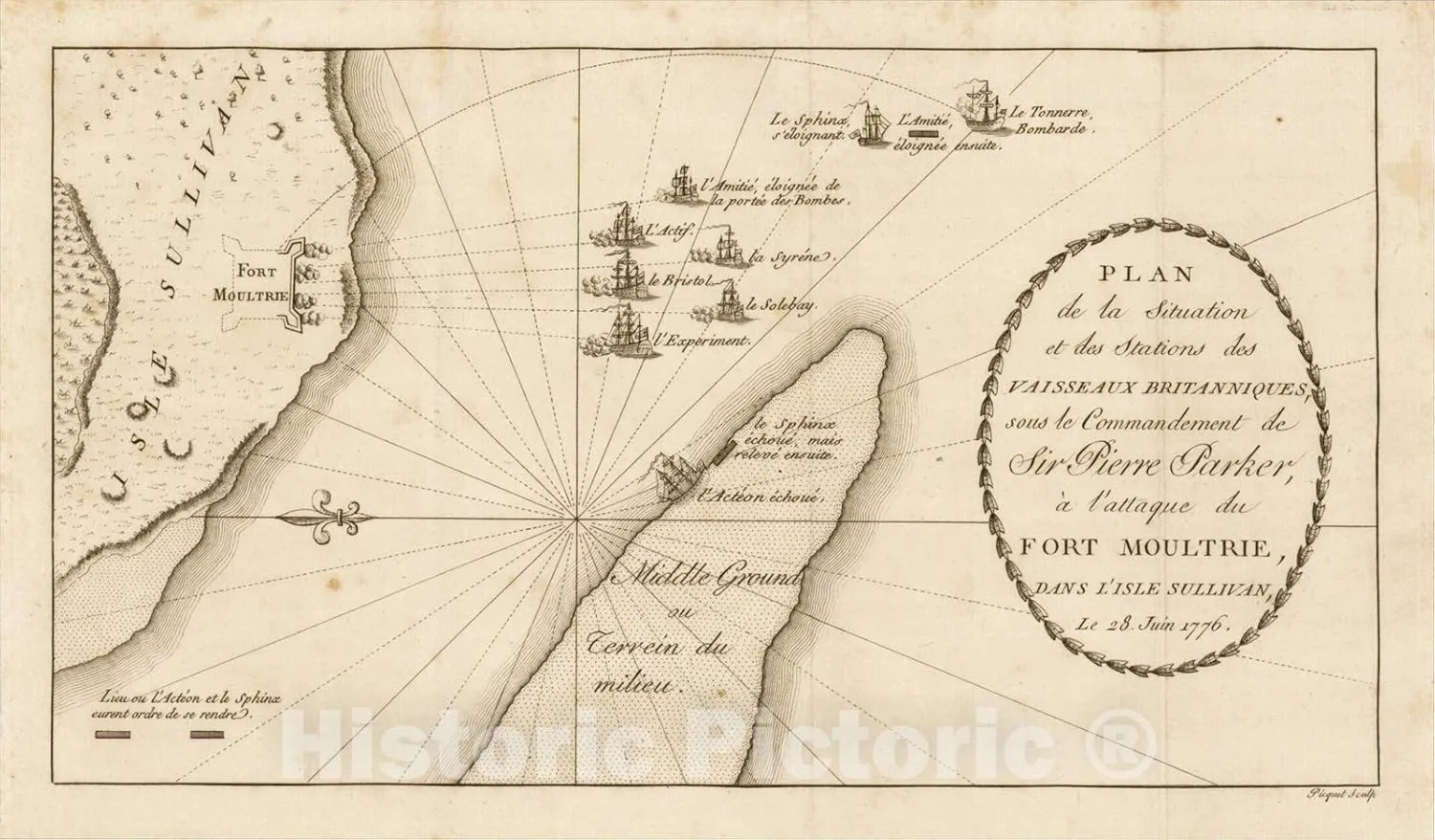Historic Map : [Fort Moultrie] Plan de la Situation et des Stations des Vaisseaux Britanniques, 1787, Charles Picquet, Vintage Wall Art : 24in x 14in