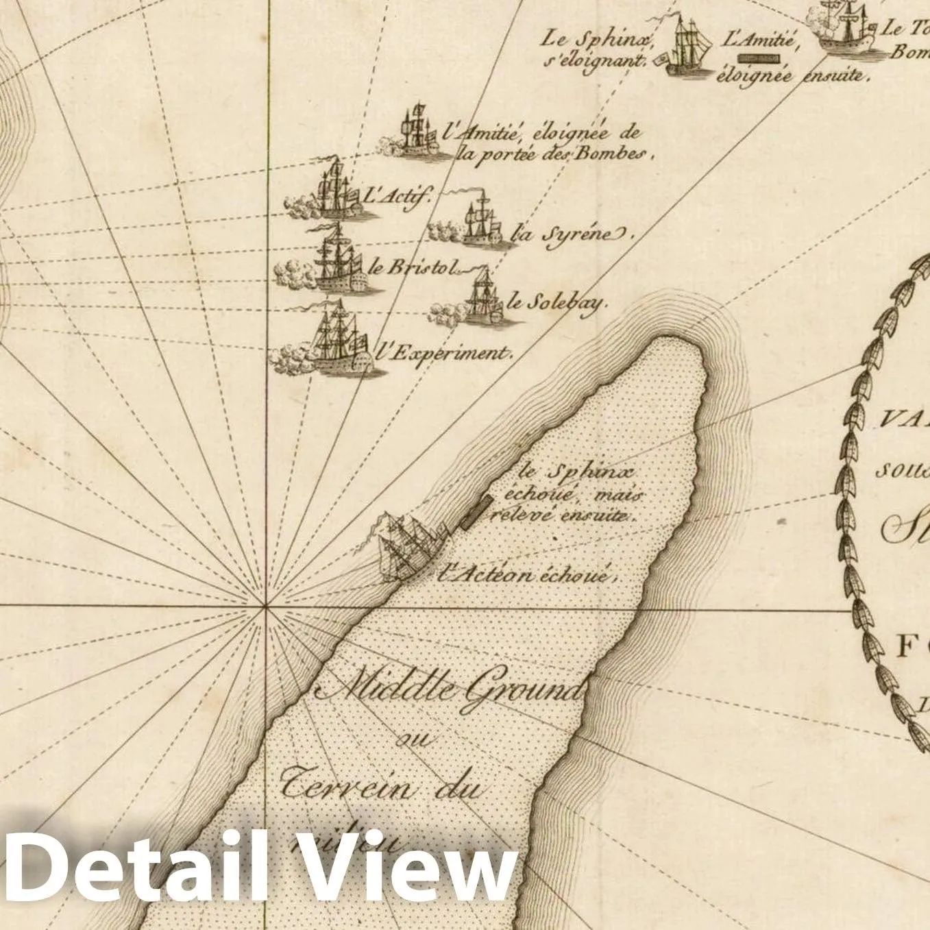 Historic Map : [Fort Moultrie] Plan de la Situation et des Stations des Vaisseaux Britanniques, 1787, Charles Picquet, Vintage Wall Art : 24in x 14in