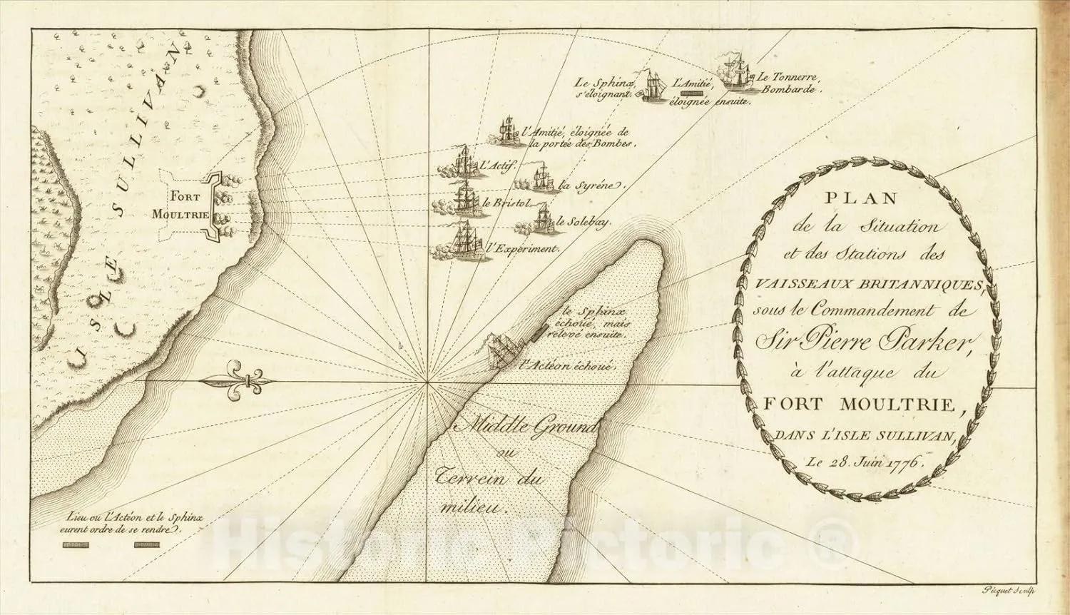 Historic Map : [Fort Moultrie] Plan de la Situation et des Stations des Vaisseaux Britanniques, 1787, Charles Picquet, Vintage Wall Art : 36in x 21in