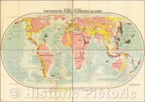 Historic Map - Freytag & Berndt's Tektonische Schul Wandkarte der Erde/Freytag & Berndt's Tectonic School Wall map of The World, 1926, Freytag & Berndt - Vintage Wall Art 24in x 16in