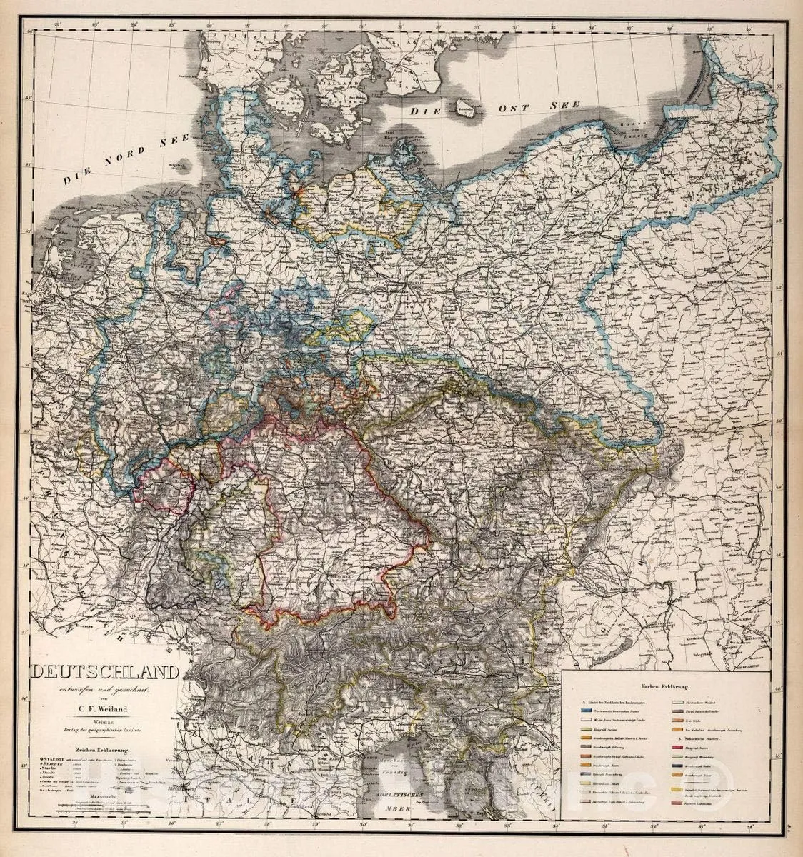 Historic Map : Germany, Deutschland. Entworfen und gezeichnet von C.F. Weiland. Verlag des Geographischen Instituts. Hand -Der Erde Und Des Himmels, 1866, Vintage Wall Art : 16in x 16in