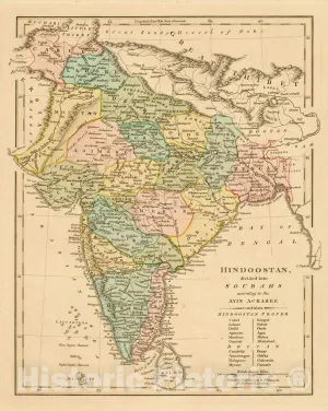 Historic Map : Hindoostan Divided into Soubahs According to Ayin Acbaree, 1806, Robert Wilkinson, v1, Vintage Wall Art : 44in x 55in