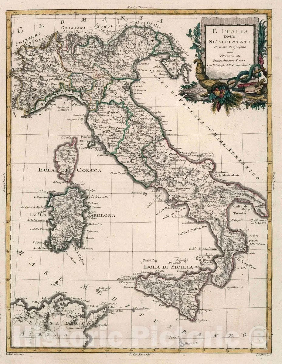 Historic Map : Italy, L'Italia : Divisa ne' suoi stati : Di Nuova projezione. Venezia 1782., Vintage Wall Art : 18in x 24in