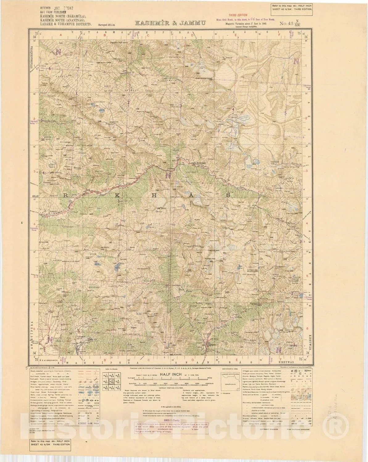 Historic Map : Kashmir North (Baramula), Kashmir Souoth (Anantnag), Ladakh & Udhampur Districts, Kashmir & Jammu No. 43 N/S.W. 1945, India 1:126,720, Antique Vintage Reproduction : 18in x 24in