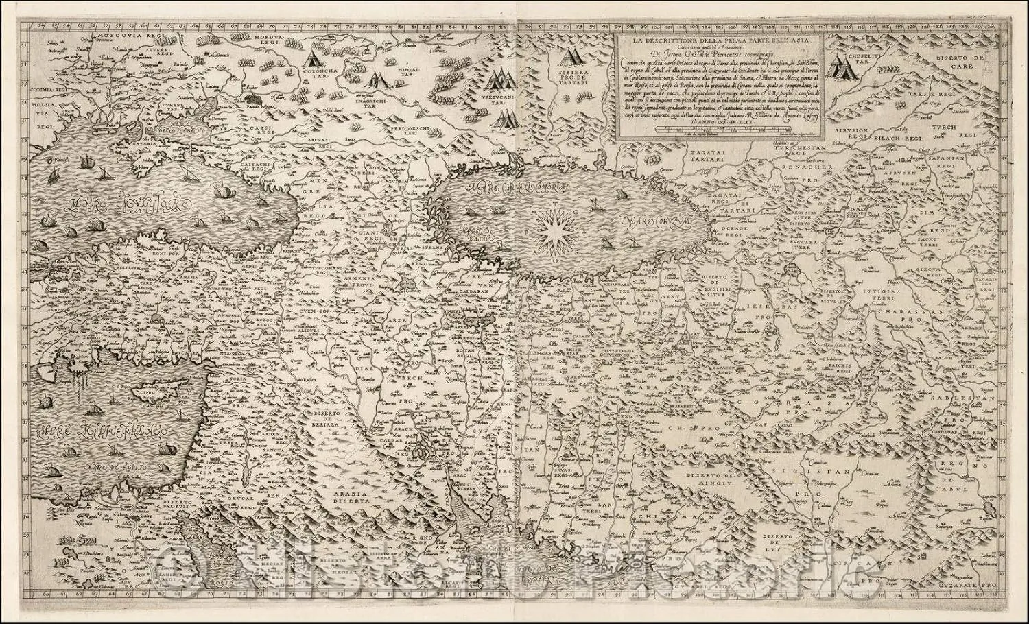 Historic Map - La Descrittione Della Prima Parte Dell' Asia Con i Nomi antichi & moderni Di Jacopo Gastaldi Piemontese comografo, 1561, Giacomo Gastaldi - Vintage Wall Art 73in x 44in
