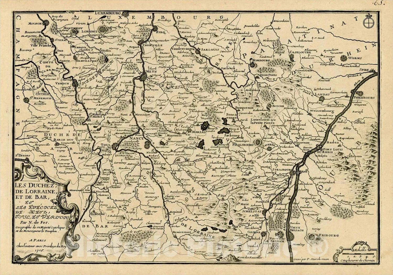 Historic Map : Les Duchez, De Lorraine, et de Bar, et Les Evechez de Metz, Toul, et Verdune, 175, 1705, Nicolas de Fer, Vintage Wall Art : 24in x 16in