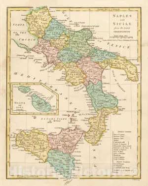 Historic Map : Naples and Sicily from The Latest Observations, 1809 [Malta Inset], 1809, Robert Wilkinson, Vintage Wall Art : 44in x 55in