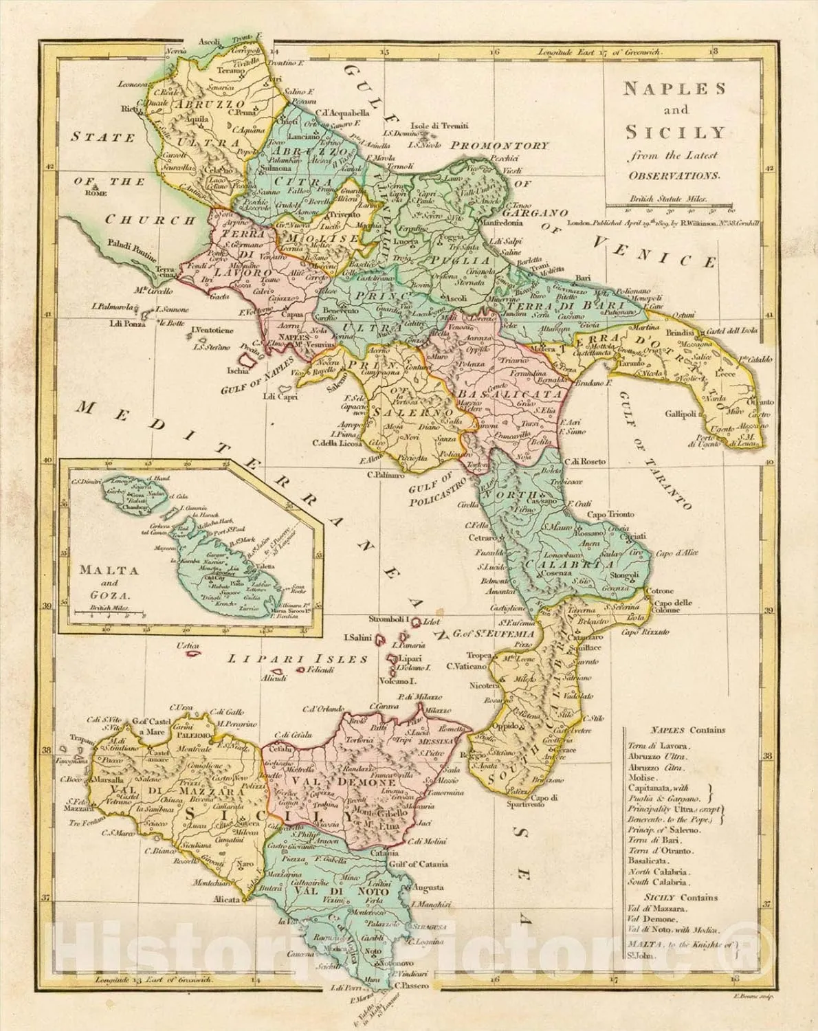 Historic Map : Naples and Sicily from The Latest Observations, 1809 [Malta Inset], 1809, Robert Wilkinson, Vintage Wall Art : 44in x 55in