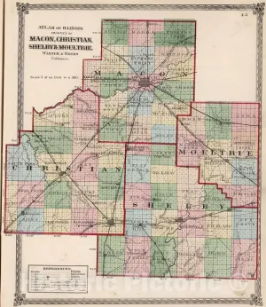 Historic Map : National Atlas - 1872 Atlas of Illinois, Counties of Macon, Christian, Shelby, and Moultrie. - Vintage Wall Art - 24in x 30in