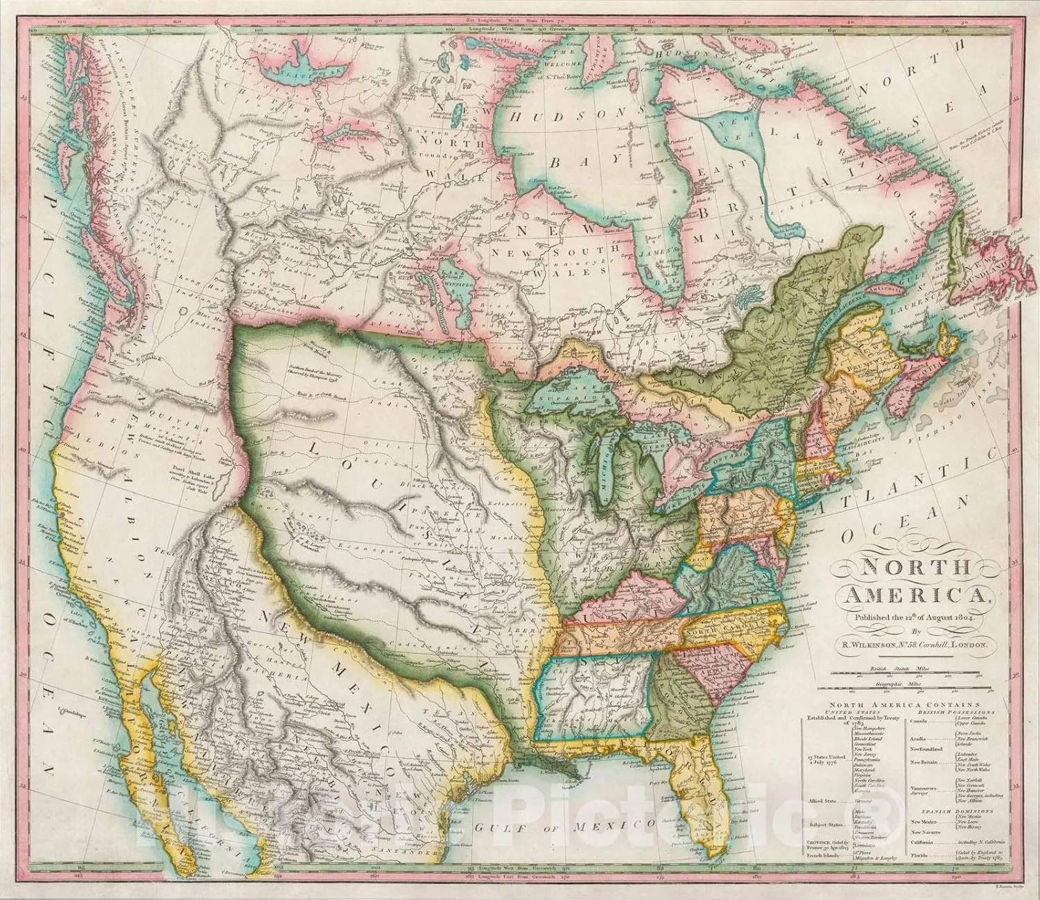 Historic Map : North America, 1804 (The First Map to Illustrate The Louisiana Purchase), 1804, Robert Wilkinson, Vintage Wall Art : 44in x 38in