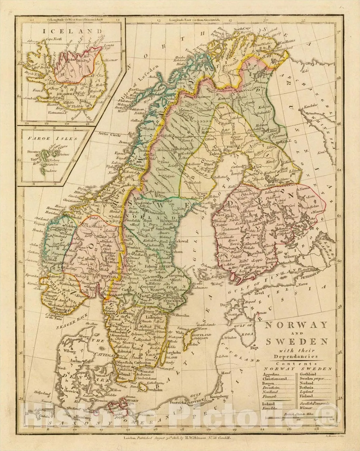Historic Map : Norway and Sweden with Their Dependancies [Inset map of Iceland], 1808, Robert Wilkinson, Vintage Wall Art : 44in x 55in