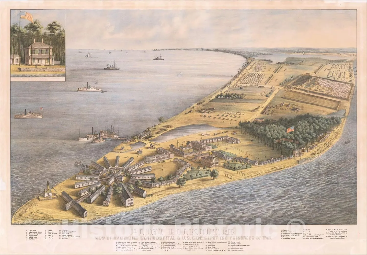 Historic Map : Point Lookout MD. View of Hammond Genl. Hospital & U.S. Genl Depot for Prisoners of WAr., 1864, E. Sachse & Co., Vintage Wall Art : 63in x 44in