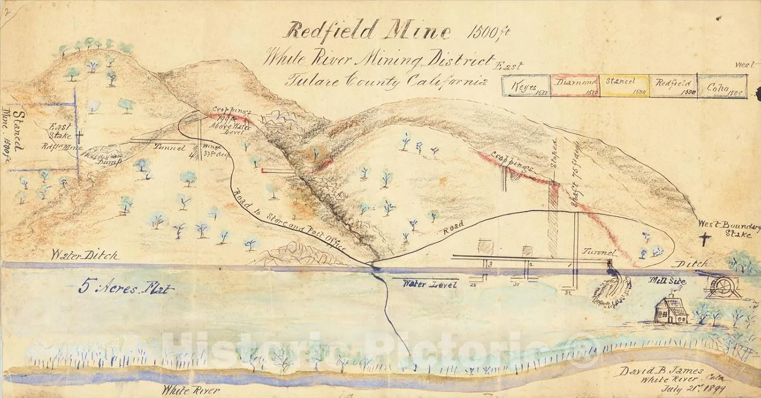 Historic Map : Redfield Mine White River Mining District Tulare County California, 1899, David Bice James, Vintage Wall Art : 24in x 13in