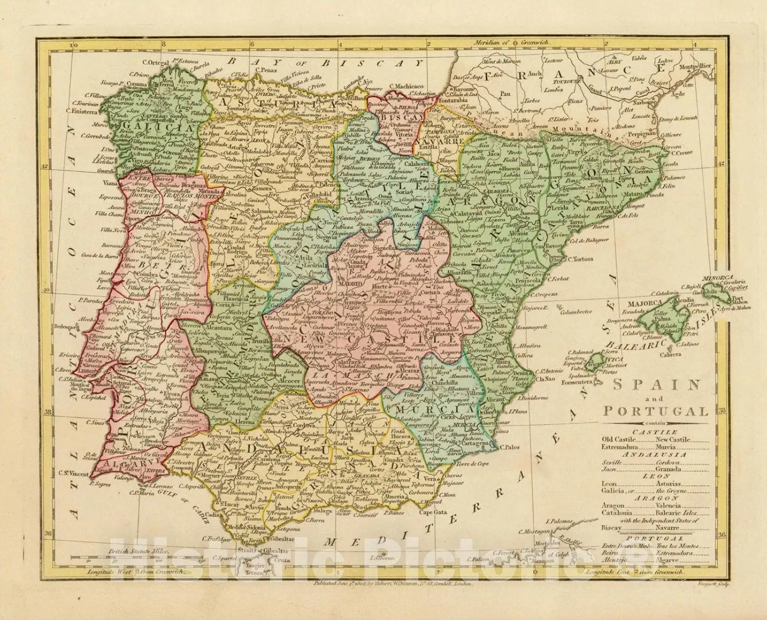 Historic Map : Spain & Portugal (with The Balearic Islands), 1808, Robert Wilkinson, Vintage Wall Art : 55in x 44in
