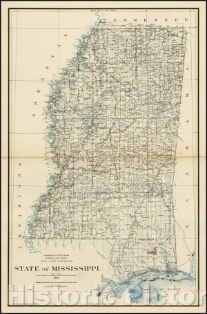 Historic Map - State of Mississippi, 1890, U.S. General Land Office - Vintage Wall Art 44in x 67in