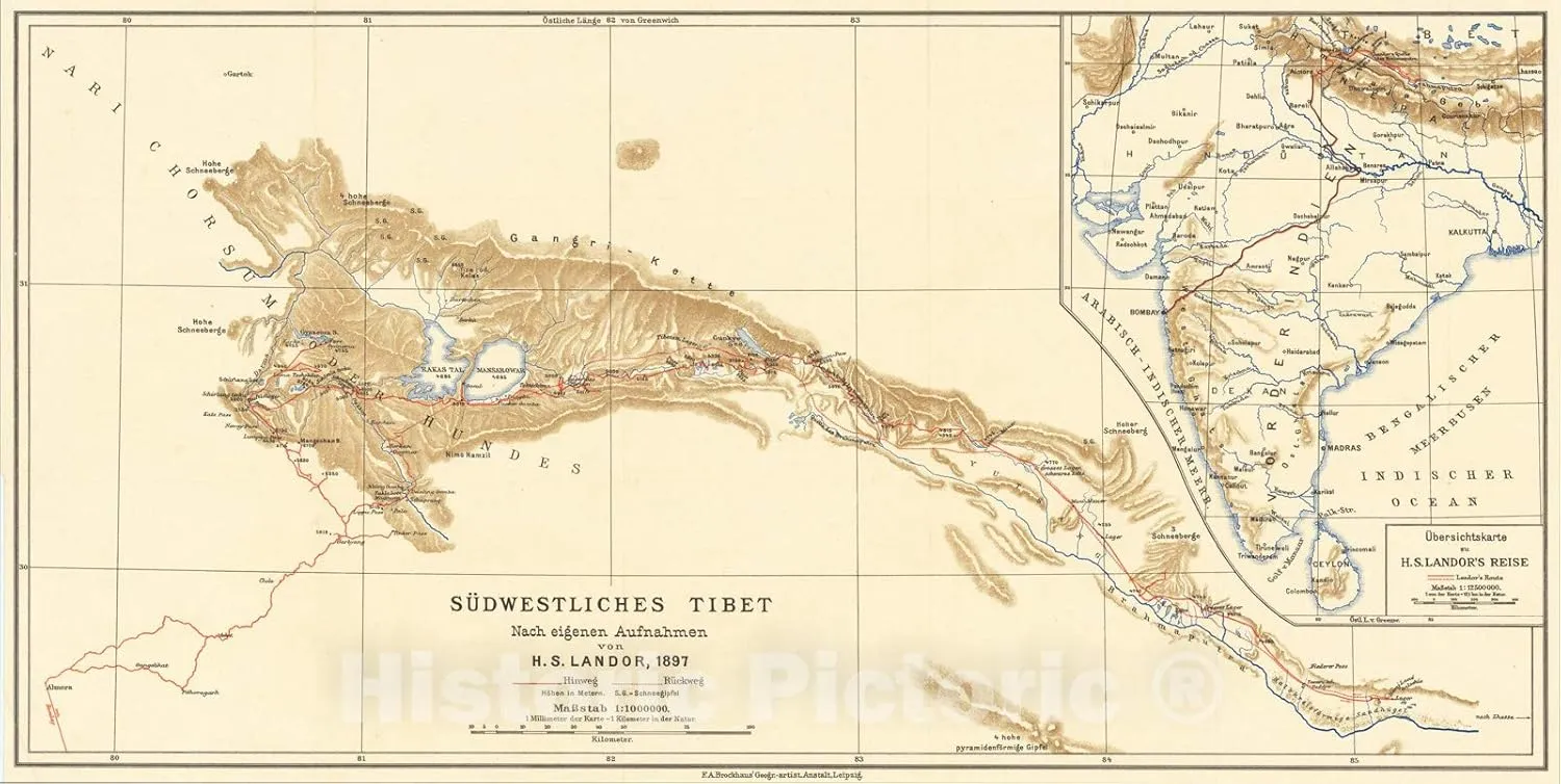 Historic Map : Sudwestliches Tibet Nach eigenen Aufnahmen von H.S. Landor, 1897, 1897, Friedrich Arnold Brockhaus, Vintage Wall Art : 24in x 12in