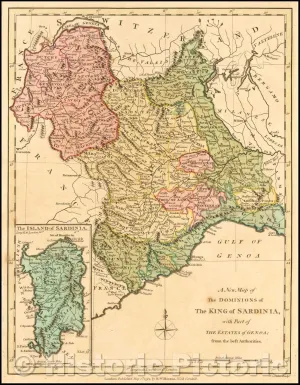 Historic Map - The Dominons of The King of Sardinia with Part of The Estates of Genoa; from The Best Authorities, 1794, Robert Wilkinson - Vintage Wall Art 44in x 57in