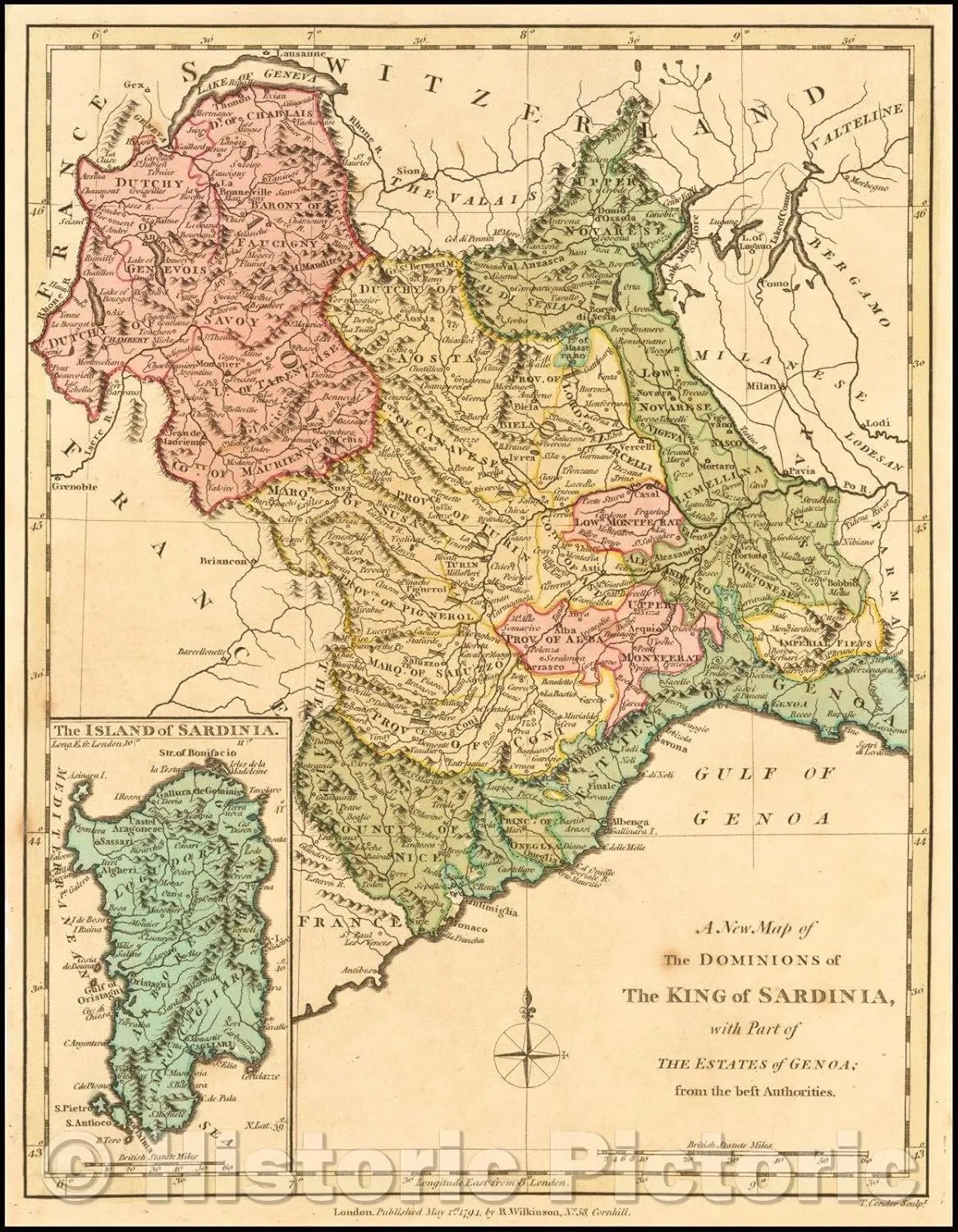 Historic Map - The Dominons of The King of Sardinia with Part of The Estates of Genoa; from The Best Authorities, 1794, Robert Wilkinson - Vintage Wall Art 44in x 57in