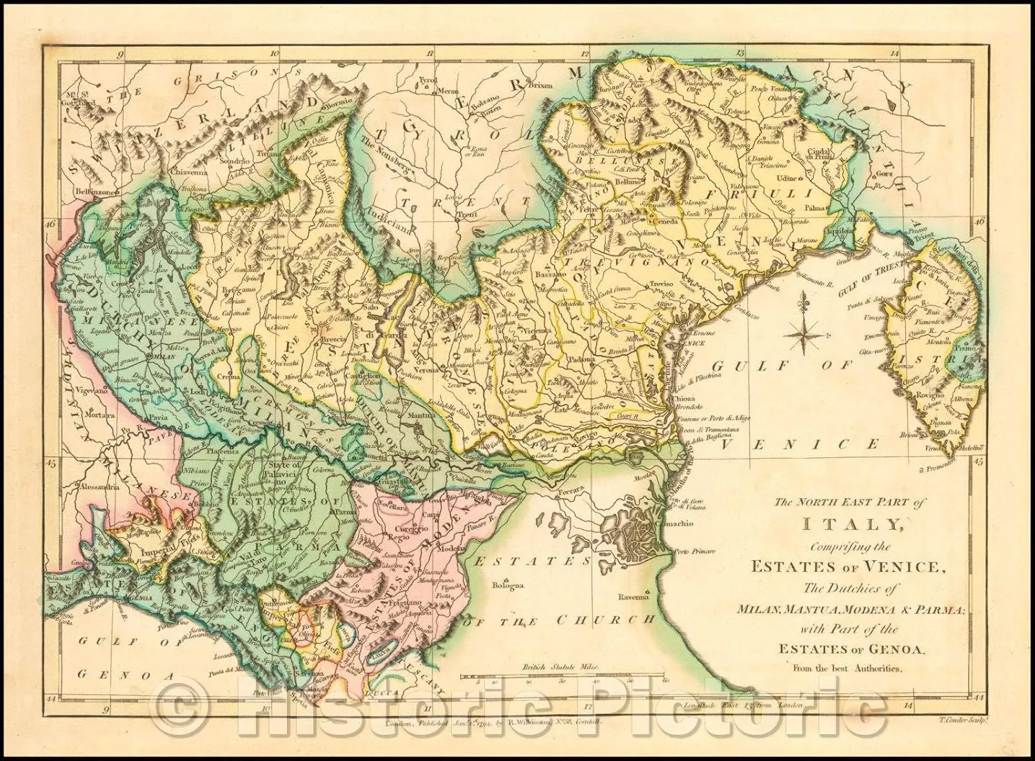 Historic Map - The North East Part of Italy, Comprising The Estates of Venice, The Dutchies of Milan, Mantua, Modena & Parma, 1794, Robert Wilkinson - Vintage Wall Art 60in x 44in