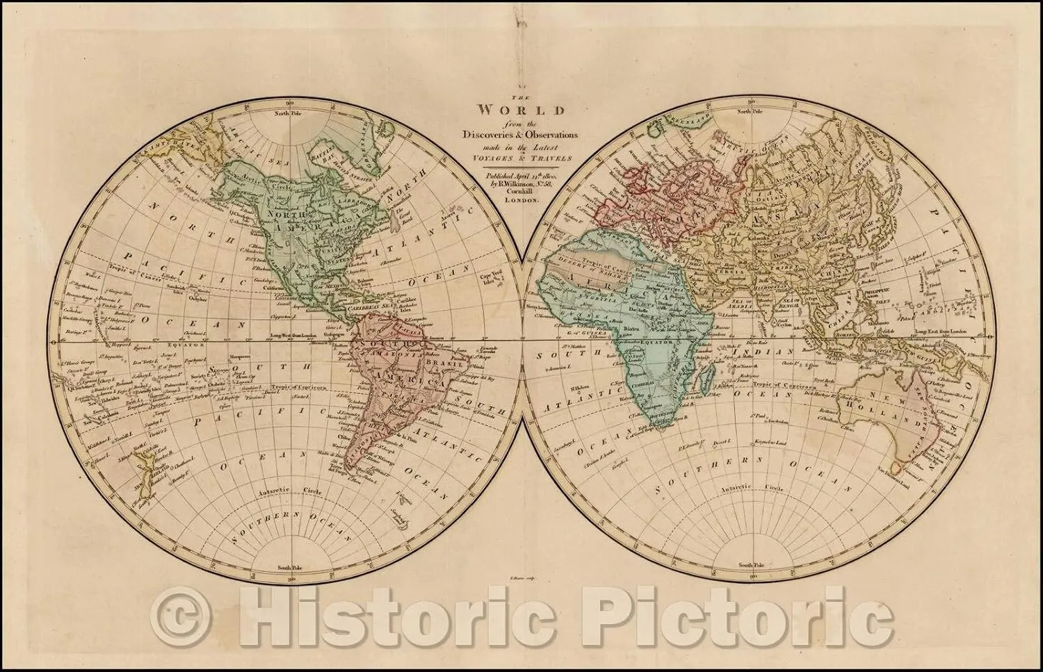Historic Map - The World from The Discoveries & Observations in The Latest Voyages & Travels, 1800, Robert Wilkinson - Vintage Wall Art 68in x 44in