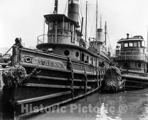 Historic Photo : Bernice Abbott, Changing New York: Tugboats, Pier 11, East River, Manhattan, Vintage Wall Art : 20in x 16in