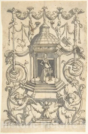 Historic Pictoric Art Print : Anonymous, Italian, 16th Century - Grotesque with a Female Figure (Minerva?) in a Temple-Like Structure with a Cupola : Vintage Wall Décor : 24in x 36in