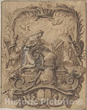 Historic Pictoric Art Print : Gilles-Marie Oppenord - Study for a Decorated Initial A with The Annunciation : Vintage Wall Décor : 08in x 10in