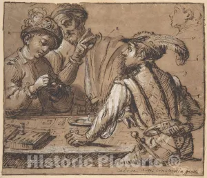 Historic Pictoric Art Print : Italian - Study After Caravaggio's 'The Cardsharps' with Color Notes : Vintage Wall Décor : 30in x 24in